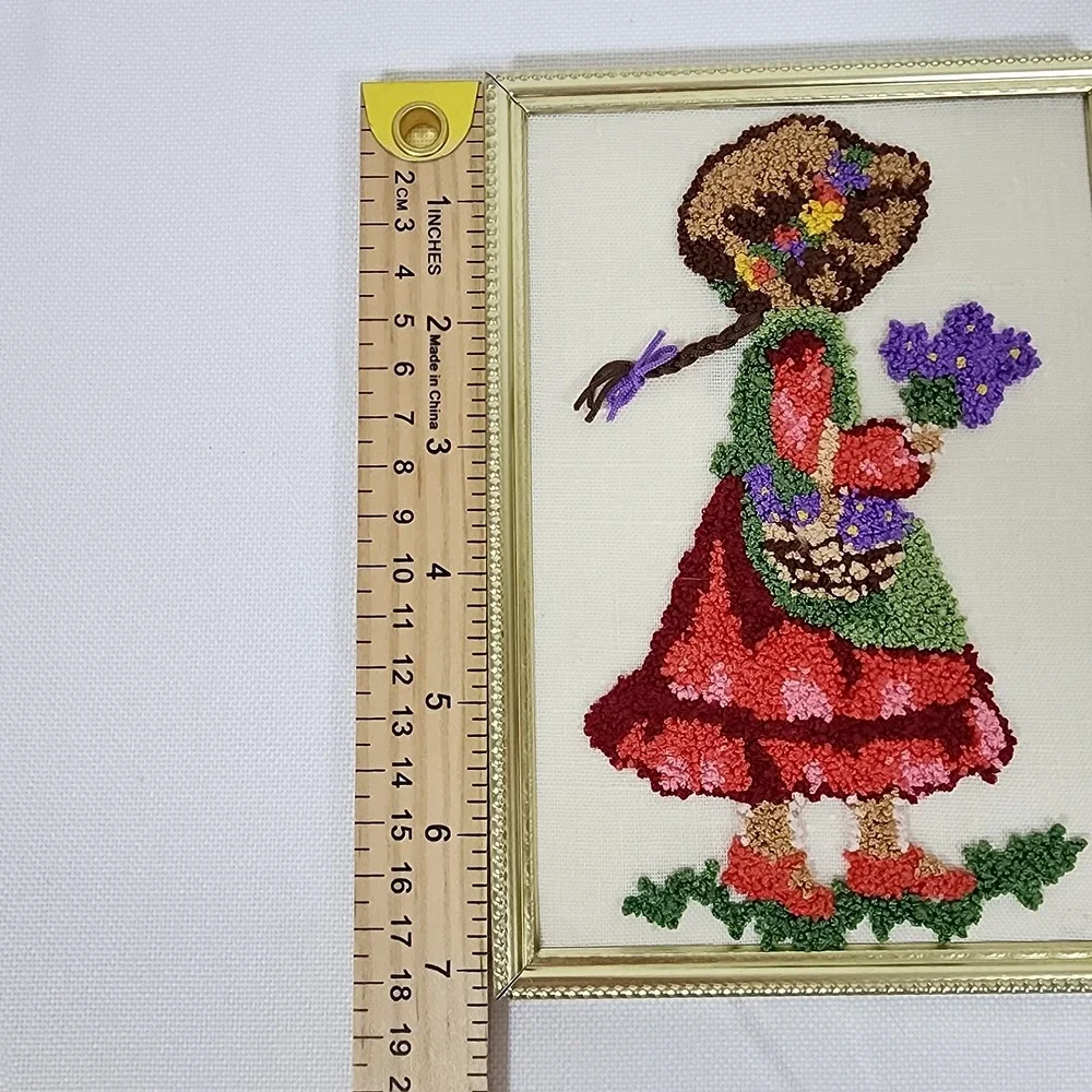 Vintage Hand Made Punch Needle Prairie Girl Cottagecore Decor Framed 5X7